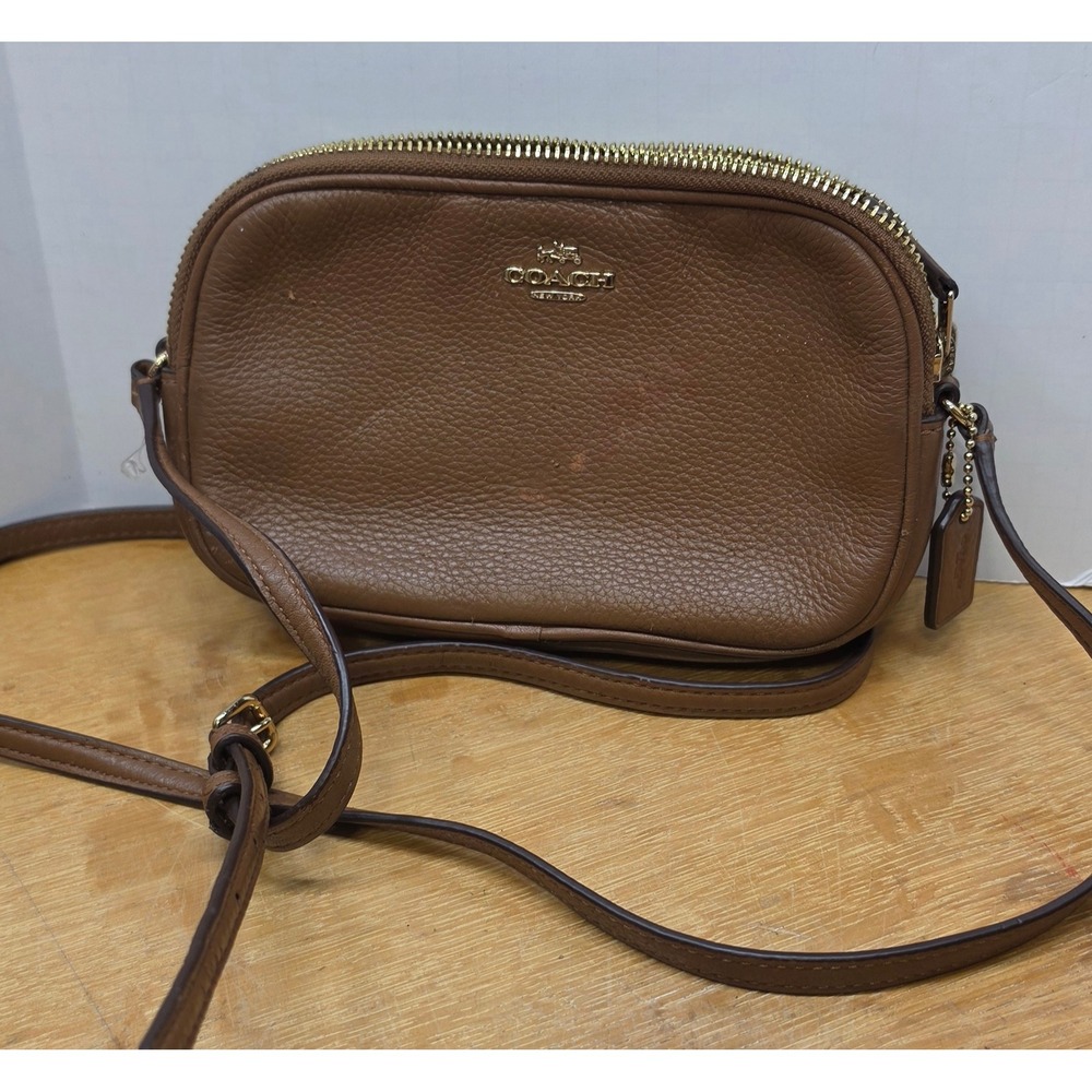 Coach Double Zip Crossbody Bag Brown Pebbled Leather F65988 see pics